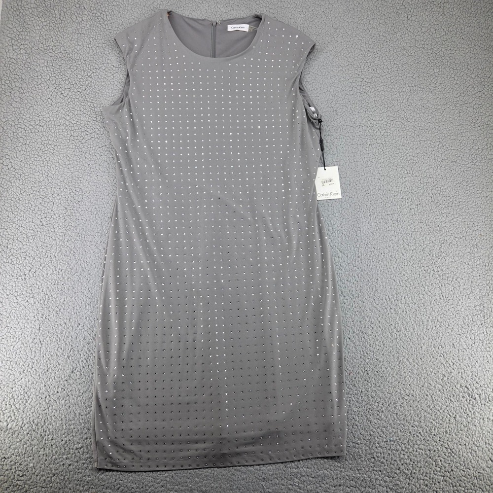 Calvin Klein Rhinestone Embellished Sheath Dress Womens 14 Grey Office Business